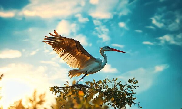 A heron gracefully landing on a branch against a blue sky.
