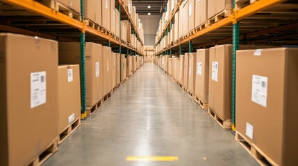 Obraz premium Vast shelves filled with neatly stacked boxes and packages in a well organized warehouse showcasing the efficient logistics and inventory management supporting online retail and e commerce