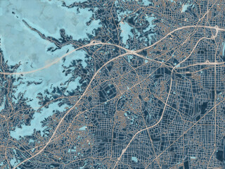 Painterly Style City Map of Isehara, Japan in a Blue Color Scheme.