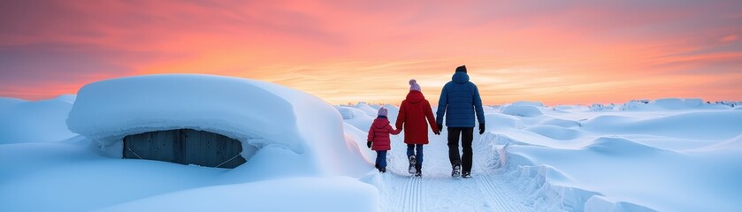 Family walking in the snow during sunset, creating a warm memory in a winter wonderland.