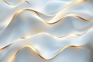 Obraz premium Abstract white background with golden waves and subtle grid pattern.