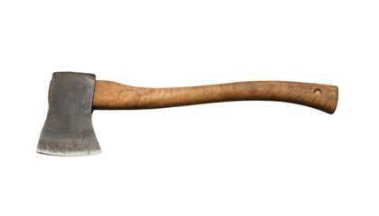 Old rust dirty dark gray axe with brown wooden handle isolated on white background with clipping path in png format