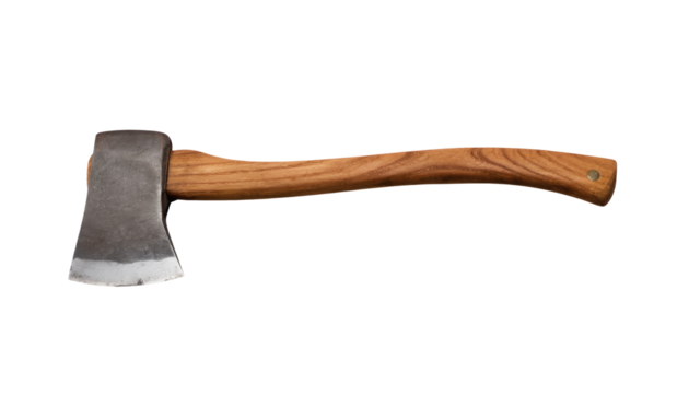 Old rust dirty dark gray axe with brown wooden handle isolated on white background with clipping path in png format