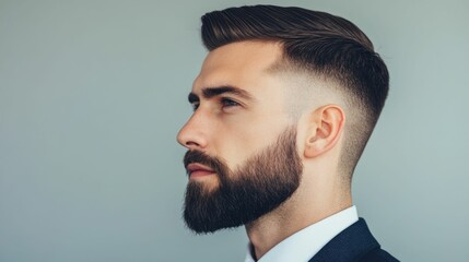Obraz premium Elegant and Sophisticated Middle Aged Man with Slick Back Hairstyle and Trimmed Beard Wearing a Smart Tailored Outfit and Posing Confidently Against a Plain Background