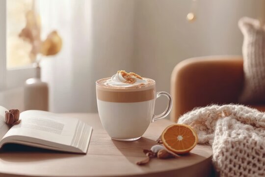 a cup of Brown sugar capuccino. orange skices and open book next to the mug. Autumn hot drinks