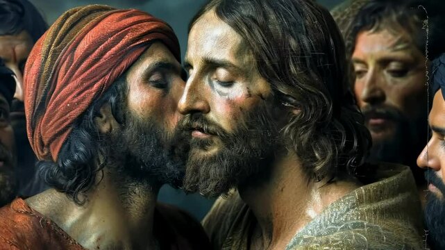 Judas kiss: symbolic moment of betrayal as Judas Iscariot identifies Jesus Christ with kiss, encapsulating the tension, deceit, pivotal turning point in the narrative of Christ path to crucifixion.