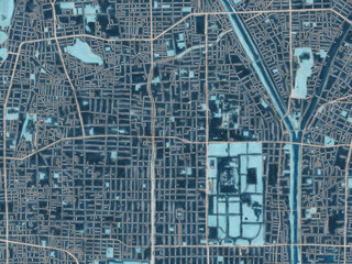 Painterly Style City Map of Kamigyo-ku, Japan in a Blue Color Scheme.