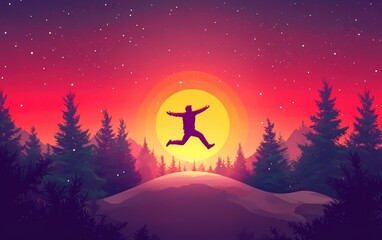 Welcome Merry Christmas in 2025. A young man jump between 2024 and 2025 years over the sun and through on the gap of hill silhouette evening colorful sky. Happy new year. Vector illustration. 