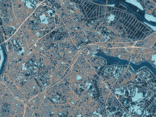 Painterly Style City Map of Kashiwa, Japan in a Blue Color Scheme.