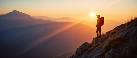 Fototapeta premium Hiker standing on top of a mountain and looking at the sunrise