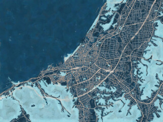 Painterly Style City Map of Kashiwazaki, Japan in a Blue Color Scheme.