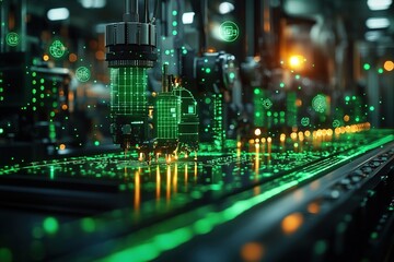 Automated robotic arm working on a production line with digital data and green lights.