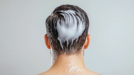 Naklejka premium Close up Portrait of a Man Applying Leave in Conditioner to Maintain Healthy Shiny Hair with a Blurred Depth of Field Background in a Bathroom Setting
