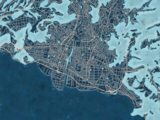 Painterly Style City Map of Kirishima, Japan in a Blue Color Scheme.