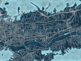 Painterly Style City Map of Kinokawa, Japan in a Blue Color Scheme.
