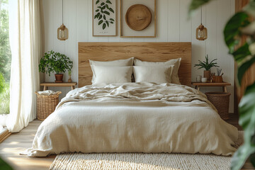 Nordic bedroom with natural wood and linen accents