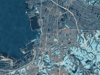 Painterly Style City Map of Kisarazu, Japan in a Blue Color Scheme.