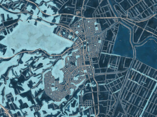 Painterly Style City Map of Kitahiroshima, Japan in a Blue Color Scheme.