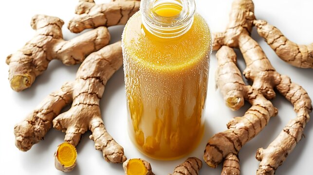 Golden Turmeric Elixir: Vibrant, healthy, and aromatic, this image showcases a bottle of golden turmeric elixir surrounded by fresh turmeric roots.
