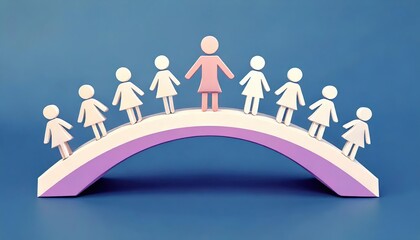 A colorful bridge made of paper figures representing gender equality, with a pink figure in the center symbolizing women's empowerment and unity in community.