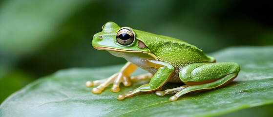 Obraz premium Close-up of a green frog perched on a leaf.