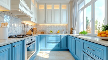 A bright and airy kitchen with blue cabinets, white countertops, and a large window.