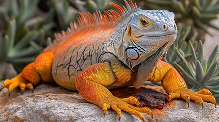 Fototapeta premium A vibrant orange and blue iguana with a spiky crest sits on a rock, looking directly at the camera.