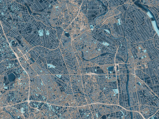 Painterly Style City Map of Koshigaya, Japan in a Blue Color Scheme.