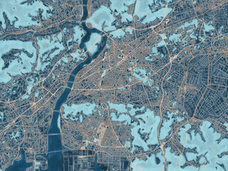 Painterly Style City Map of Kurashiki, Japan in a Blue Color Scheme.