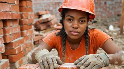 Female Mason Expertly Laying Bricks at Construction Site