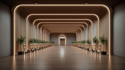 Obraz premium A contemporary corridor with wooden accents and ambient lighting, featuring potted plants lining the sides.