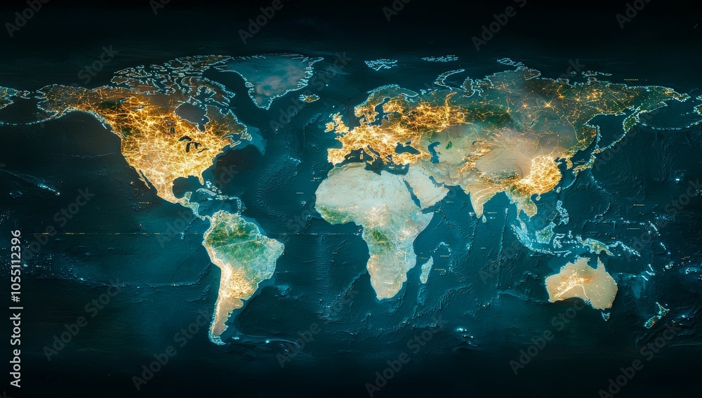 Poster digital data flow and global network concept with blue glowing lines on world map