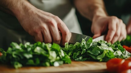 Closeup of Chef s Hands Carefully Chopping and Preparing Fresh Leafy Greens Tomatoes and Other Wholesome Produce for Crafting a Nutrient Packed Homemade Salad in a Kitchen Setting