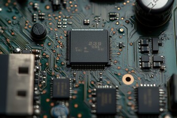 Fototapeta premium Close-Up of a Microprocessor, the Central Processing Unit of a Computer System, Located on a Printed Circuit Board