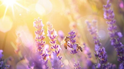 Obraz premium Bees on Lavender in Sunlight