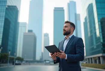 Fototapeta premium Man standing in front of a skyscraper holding a tablet