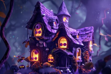 A creepy house with a purple roof and windows