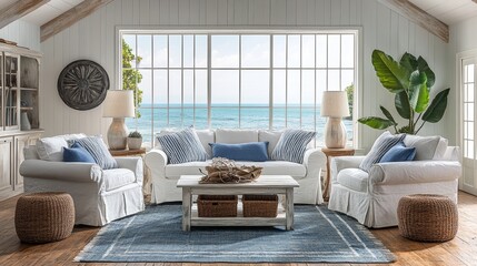 A coastal living room with white furniture and a blue rug, overlooking the ocean.