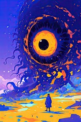 A mysterious and eerie scene unfolds, dominated by a giant, all-seeing eye peering out from a tangled mass of dark, organic forms. A lone figure, shrouded in shadow, walks towards the eye, seemingly d