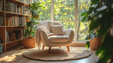 A comfortable armchair with a book, a blanket, and a pillow sits in front of a large window with natural light and greenery.