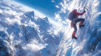 A lone climber ascends a snow-covered mountain peak, his silhouette outlined against a dramatic, cloudy sky. He is secured with a rope and ice axe.