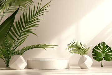 Fototapeta premium 3D render podium, showcase on light white background with shadows in green tropical leaves of plants. Abstract natural,organic background for advertising products, spa body care, relaxation, health.