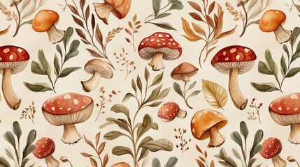 Decorative pattern featuring various mushrooms and foliage against a light background in a whimsical botanical design