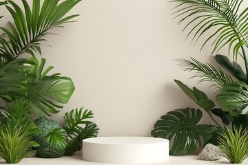 Obraz premium 3D render podium, showcase on light white background with shadows in green tropical leaves of plants. Abstract natural,organic background for advertising products, spa body care, relaxation, health.