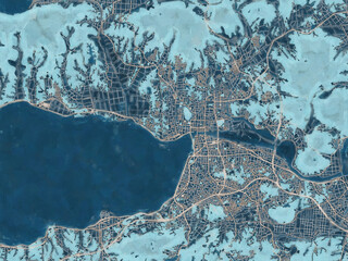 Painterly Style City Map of Matsue, Japan in a Blue Color Scheme.