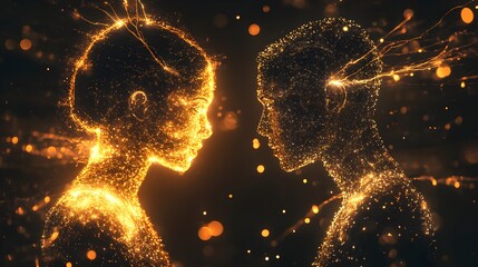Futuristic golden figures glowing with intellectual power, exchanging radiant thoughts, electric arcs of energy connecting them in a neon cyber setting