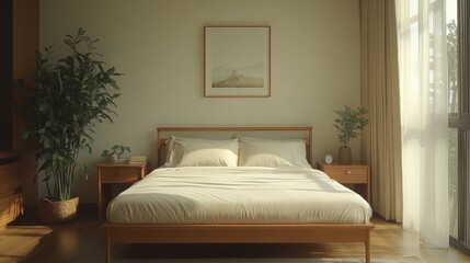 A cozy bedroom with a wooden bed frame and white bedding, a potted plant, a bedside table and a framed picture on the wall. Natural light from a window illuminates the room.
