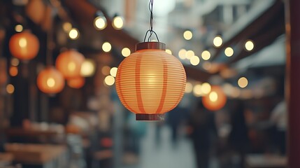A glowing paper lantern hangs in a bustling market, surrounded by soft bokeh lights, creating an inviting and warm atmosphere.