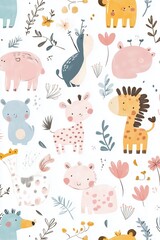 Naklejka premium Colorful animal illustrations with flowers and plants on a light background, perfect for children's decor and educational materials