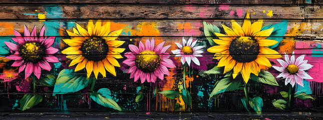 Colorful graffiti mural of sunflowers and daisies on a wooden wall.